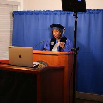President Lynn Perry Wooten speaking during the 2020 virtual convocation ceremony