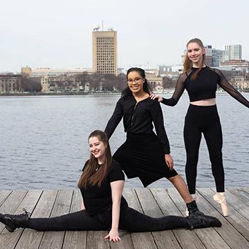 Simmons University Dance Company members Abigail PinterParsons, Shayla McJunkin and Cat Stewart.