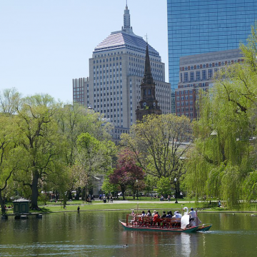 The Boston Public Garden and the pond with a swan boat 