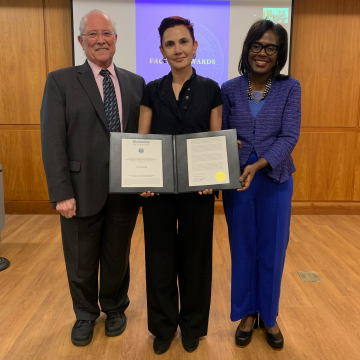 Provost Russell Pinizzotto, Professor Jyoti Puri, and President Lynn Perry Wooten