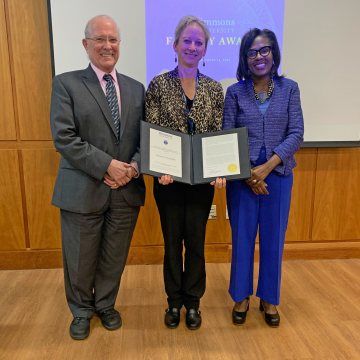 Provost Russell Pinizzotto, Associate Professor Sharon Gallagher and President Lynn Wooten at the 2023 faculty awards