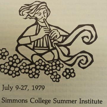 Cover of 1979 Summer Children's Literature Institute brochure, featuring an illustration of a person seated in a field of flowers playing a pipe