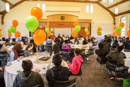 Students gathered in the Linda K Paresky Center at Simmons