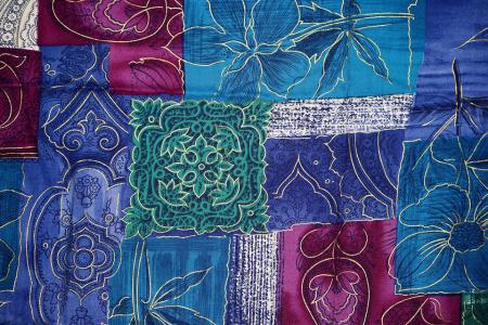 Patchwork Flowers Blue Background Turquoise Purple