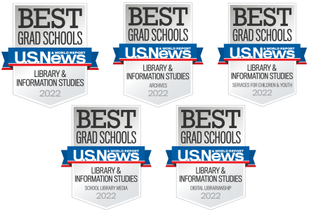 5 U.S. News & World Report Badges for Best Grad Schools in Library & Information Studies: general, archives, services for children and youth, school library media, and digital librarianship