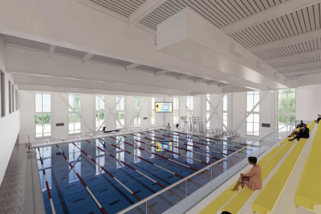 Artist rendering of a person sitting on bleachers overloookin the pool in the new Living and Learning Center on the Simmons University campus