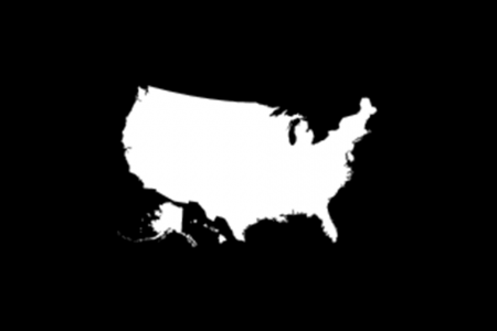 A silhouette map of the United States on a black background