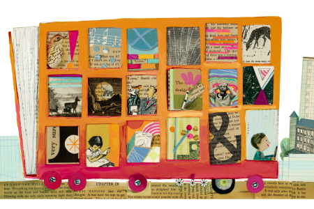 An illustration of a colorful bus with many windows, each with an illustration related to reading a book. Art Copyright © Melissa Sweet.