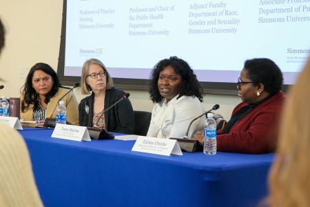 Panelists Professor of Practice Carmen Harrison, Professor Valerie Leiter, faculty member Tozoe Marton '18, and Associate Professor of Practice Edima Ottoho discuss women's health, photograph by Ashley Purvis.