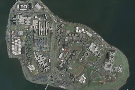 Aerial view of Rikers Island, courtesy of United States Geological Survey and Wikimedia Commons.