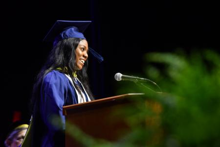 Jena Saul ’25MS speaks at the 2025 morning Commencement ceremony