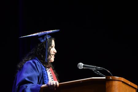 Undergraduate student speaker Helena Saldivar-Mieres ’25 speaks at the 2025 morning Commencement ceremony