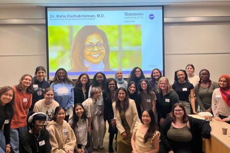 A group of Simmons DREAM students with Dr. Maha Radhakrishnan and Professor Arpita Saha at a speaker event