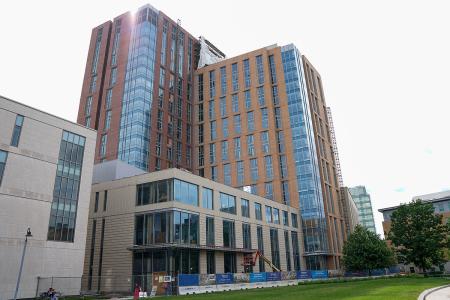 The exterior of the nearly complete Living Learning Center on the Simmons University campus. 