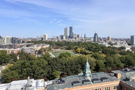The view of the Boston skyline from the 16th floor of the Living and Learning Center at Simmons University