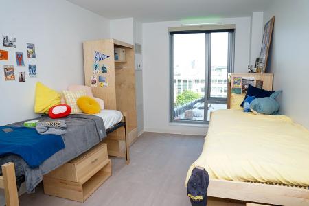 A residence hall room in the Living and Learning Center on the Simmons University campus