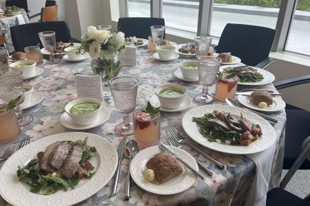 A dinner table set by Simmons catering for an event