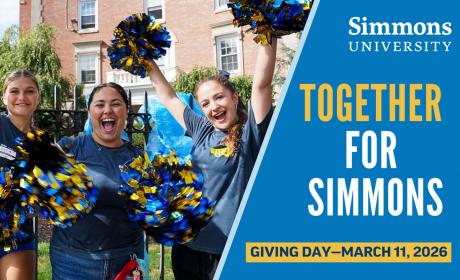 A promo for Giving Day 2026: three students waving pom-poms on one side, the words Together for Simmons on the other