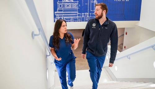 Two Simmons graduate nursing students talking as they climb a set of stairs