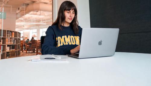 A Simmons student working on a laptop in a private room in the Simmons University library.
