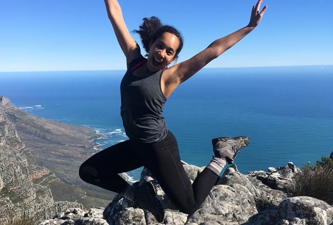 Sunnie Hodge jumping on Table Mountain