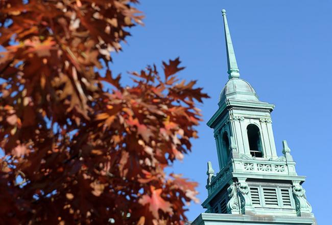 Main College Building cupola with fall leaves