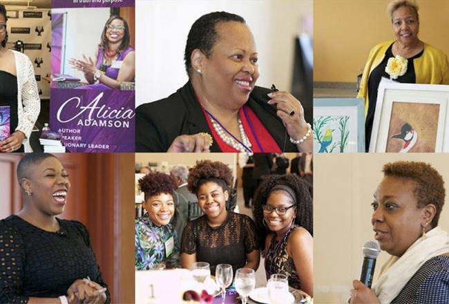 Grid of six photos with many members of the African American Alumnae/i Association