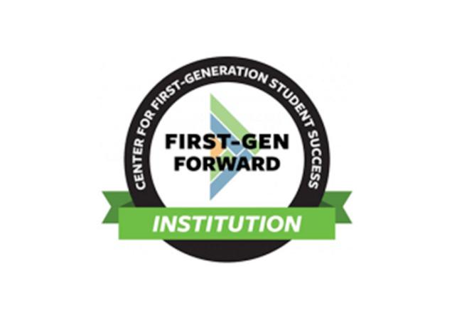 A seal from the Center for First-Generation Student Success indicating that Simmons is a First-Gen Forward Institution