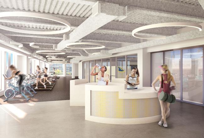 A rendering of students using exercise equipment in the Fitness and Recreation Area of the new Living and Learning Center
