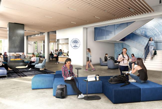 A rendering of students seated and moving through the main lobby of the new Living and Learning Center