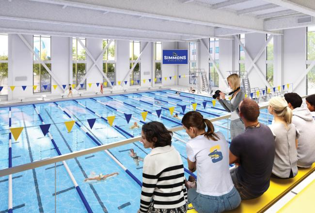 A rendering of students both in the pool and on the bleachers in the pool area of the new Living and Learning Center