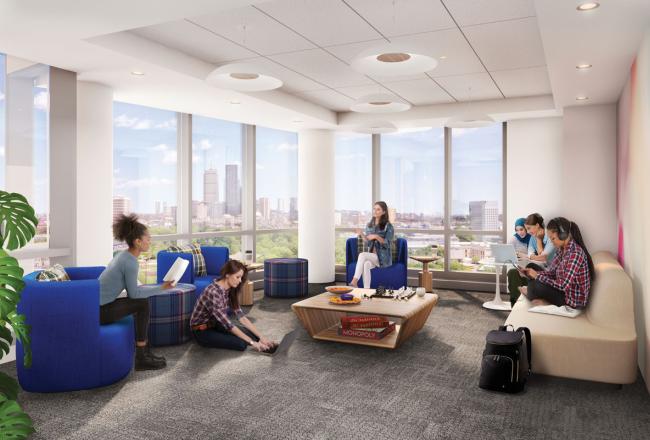 A rendering of students studying in the student lounge on the residence floor of the new Living and Learning Center. The Boston skyline is visible from the windows.
