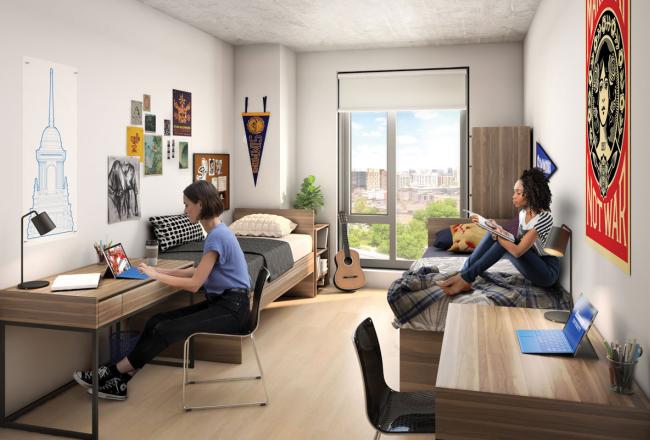 A rendering of a student residence room within the new Living and Learning Center
