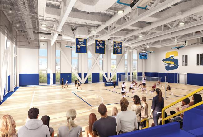 A rendering of students playing volleyball while fans look on from the bleachers in the gymnasium of the new Living and Learning Center