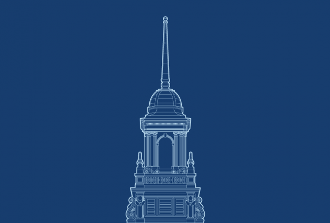 An outline of the Simmons cupola on a dark blue background