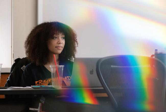 A Simmons Social Work student in s classroom