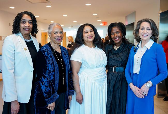  Dr. Ammina Kothari, Dean of the Ifill School, Ann Fudge ’73, ’98HD, Arielle Gray, President Lynn Perry Wooten and Ifill Forum keynote speaker Susan Goldberg