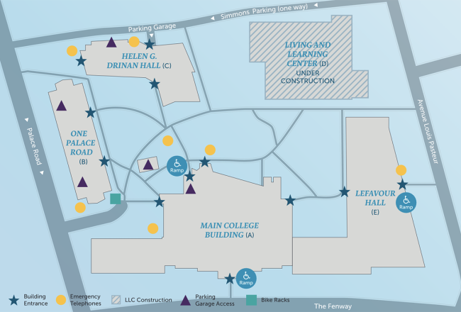 A screenshot of the illustrative map of the Simmons University campus