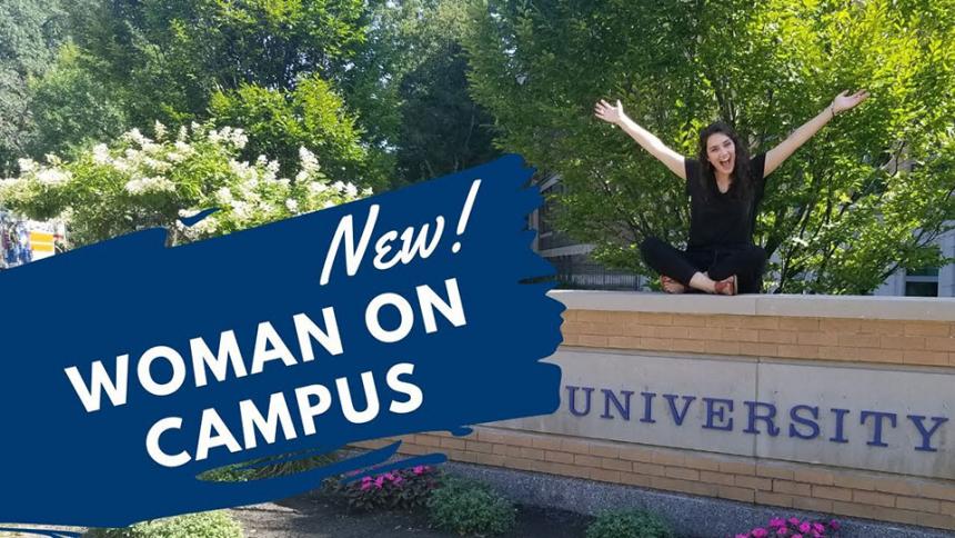 Image of Woman on Campus Maralee with the text over it reading New! WOMAN ON CAMPUS