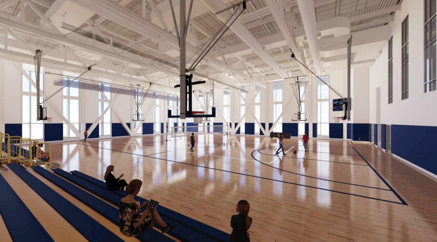 Artist rendering of the new basketball court to be built in the Living and Learning Center on the Simmons University campus