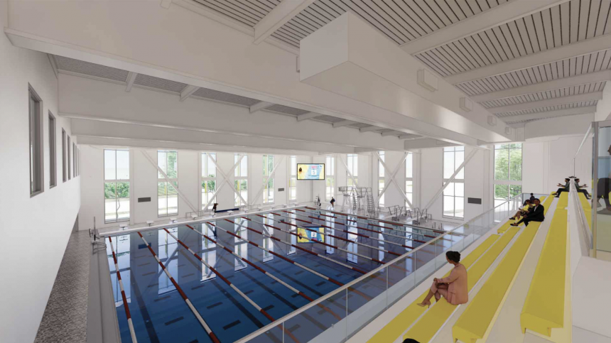 Artist rendering of a person sitting on bleachers overloookin the pool in the new Living and Learning Center on the Simmons University campus