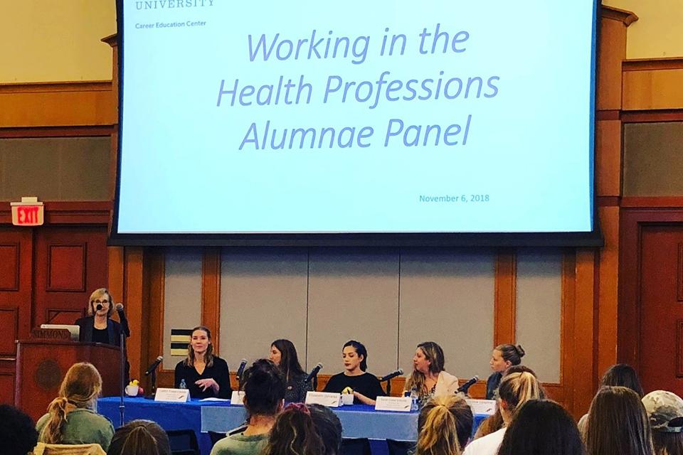 Panelists speaking at the "Working in the Health Professions Alumnae Panel"