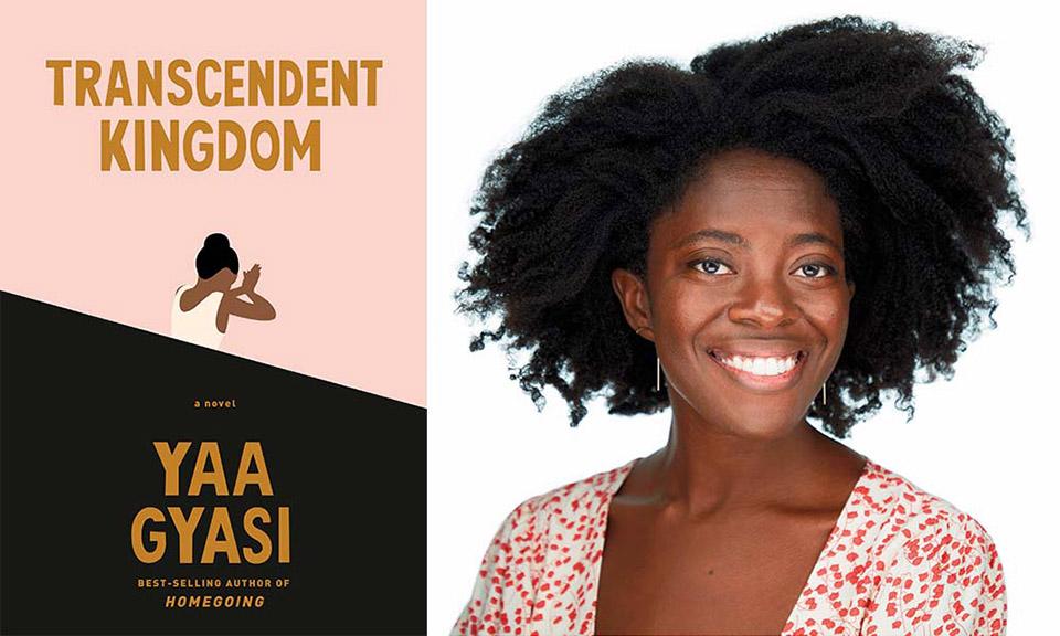 Photo of Yaa Gyasi and screenshot of her book, Trancendent Kingdom