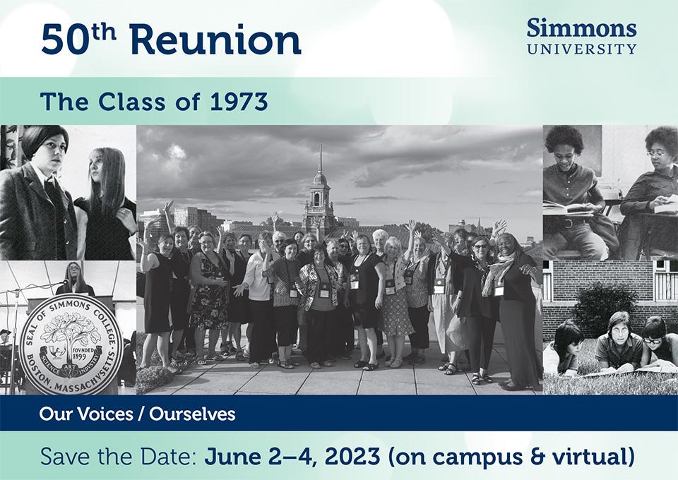 50th Reunion - Class of 1973 - Save the Date (June 2-4, 2023). Various images of alum in black and white photos