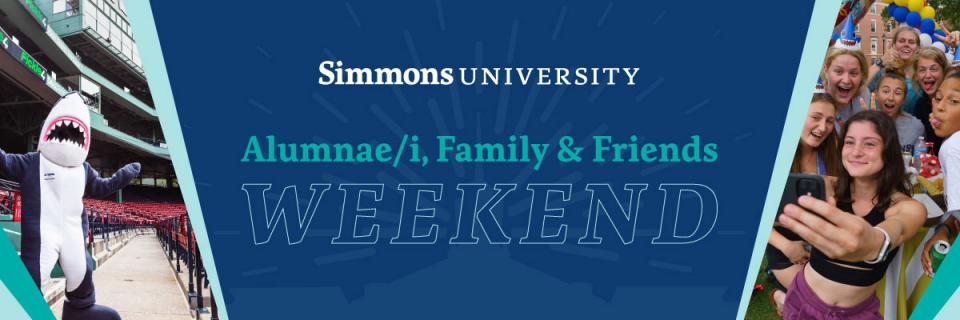 Simmons Alumnae/i, Family & Friends Weekend Banner showing Stormy at Fenway Park and Students taking a selfie
