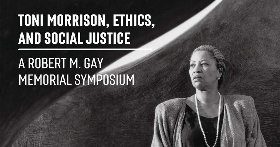 Image promoting Toni Morrison Event with B&W photo of Toni Morrison