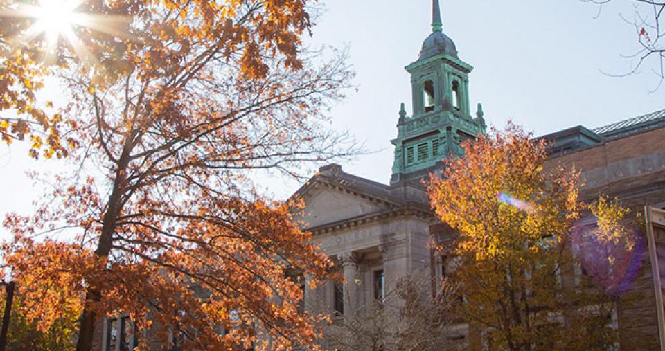 Exterior photo of the MCB building in the Fall
