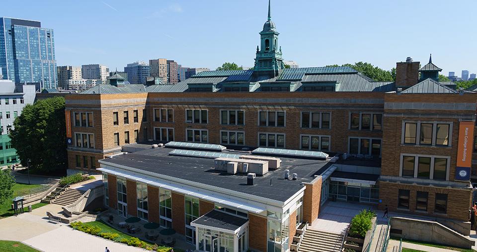 Aerial shot of the MCB and main campus quad