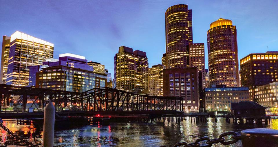 The Boston waterfront at night