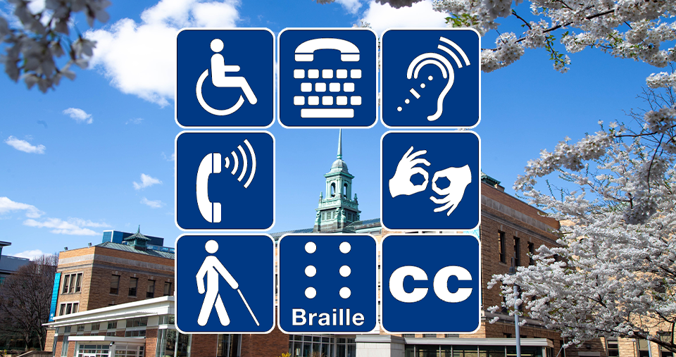 A collection of accessibility symbols, including person in a wheelchair, person with walking stick, braille, sign language and closed caption